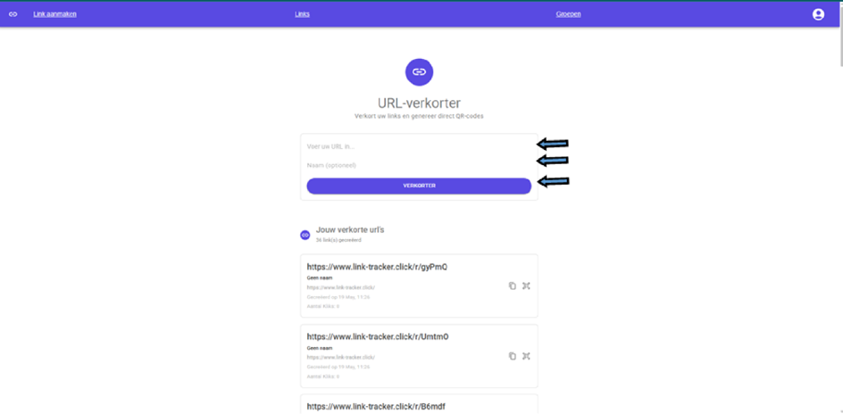 URL-shortener scherm tijdens mijn stage